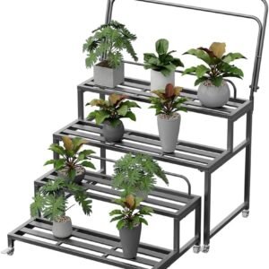 4-Tier Plant Stands Outdoor Aluminum Heavy Duty with Wheel | Multiple Plants Shelf with Universal Wheel, Flowers Pot Holder Rack for Lawn Garden Balcony Patio