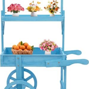 Flower Display Stand with Blackboard, 2-Tier Plant Cart Display Stand with Decorative Wheels, Retro Rolling Cart, Blue Candy Cart Stand 22Lbs Load , Dessert Snack Cart for Vending Parties(Blue)