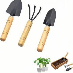 3-Piece Mini Garden Tool Set, Indoor Plant Care Kit with Wood Handle, Black Iron Tools for Potting, Transplanting and Cultivating, Compact Succulent and Houseplant Tools,Small Shovel, Trowel, Rake