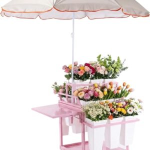 Mobile Flower Display Rack with Umbrella, 3-Tier Metal Plant Stand Cart with 18 Buckets, Foldable Side Table, Lockable Wheels – Outdoor Florist Shelving for Garden, Market, Street Corner, Nursery