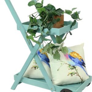 2-Tiered Flower Garden Cart with Built-in Handle - Fir Wood - 20 lb Weight Capacity - 34” H - Robin Egg Blue