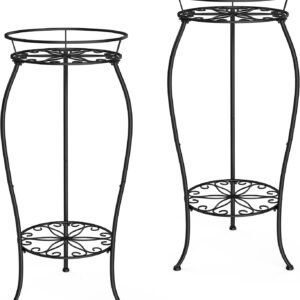 2 Pack Metal Plant Stands, Tall Planter Holder Indoor Outdoor, 2 Tier Round Potted Supports Rack, Corner Display Shelf Black