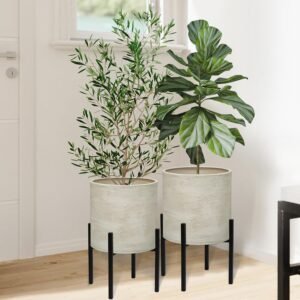 Modern Plant Pots, Set of 2 Large Planters with Stand, Decorative Planters, Metal Pots with Drainage Holes for Living Room, Office, Garden or Balcony, 8.25 &10.5 Inch, Dirt