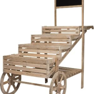 59" Tall Indoor/Outdoor Wooden Cart Plant and Display Stand with Chalkboard, Rustic Fir Wood Garden Planter Decor, Light Brown