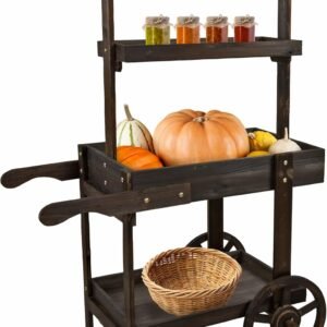 Country Market Flower Cart Display Stand with Wheels - 2 Shelves - 30 lb Weight Capacity - Pine