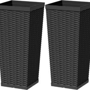 24 Inch Tall Plastic Planters with Rattan Texture – Set of 2, Detachable Inner Pot & Drainage Holes, Indoor/Outdoor Decorative Flower Pots for Large Plants, Trees, Patio, and Garden, Black
