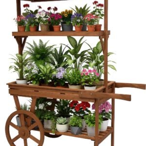 Flower Cart Display Stand, Candy Cart Stand with Wheels for Party, 3 Tier Vintage Rolling Wooden Cart, Large Country Market Farm stand (Brown)