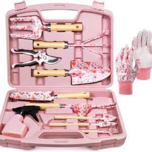 12-Piece Gardening Tools Set, Floral Print Garden Tool Set Gift, Rust-Proof & Heavy-Duty Trowel, Rake, Weeder, Pruner with Hard Case, Gardening Gifts for Women, Mom & Plant Lovers (Pink)