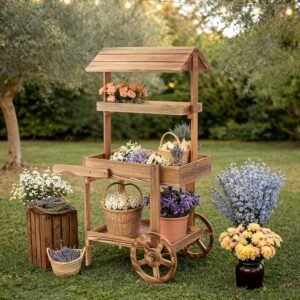 Flower Cart Display Stand with Wheels, 3-Tier Wooden Candy Cart for Party,Dessert Cart with Canopy Roof for Weddings, Bridal Shower, Baby Shower, Market & Event Decor-Rustic Brown