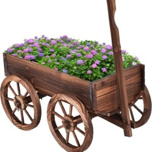 Wooden Flower Cart, Fir Wood Garden Wagon Planter with Carbonized Finish, Decorative Plant Display Cart with Large Wooden Wheels for Patio Yard Porch Indoor Outdoor Home Decoration