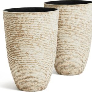 9 Gallon Tall Round Planters Set of 2-14" Dia x 21" H Stone Finish Flower Pots Indoor Decorative Container Garden Patio Unbreakable Beige